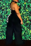 Black Party Club Casual Houndstooth Print Contrast Backless Irregular Halter Long SIngle Sleeve Wide Leg Jumpsuits