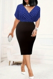 Claret Polka Dot Print V Neck Short Sleeve Wrapped Skirt Formal Evening Party Plus Size Bodycon Midi Dresses
