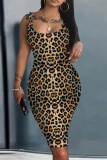 Black Blue Leopard Print Sleeveless U Neck Knee Length Casual Outing Bodycon Vest Midi Dress