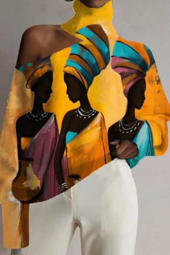 Brown Red Casual African Girl Print Cut Out Turtleneck Cold Shoulder Long Sleeve Blouses Tops