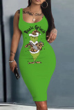 Green White Grinch Christmas Dress Sleeveless U Neck Knee Length Casual Outing Bodycon Vest Midi Dress