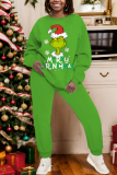 Green Christmas Crinch 2 Piece Outfits Cartoon Print Round Neck Long Sleeve Sweatshirt and Pencil Sweatpants Fall Winter Sweatsuits Sets