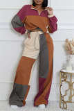 Multicolor Contrast Casual Letter Print Zip-up Stand Collar Long Sleeve Sweatshirt and Wide Leg Sweatpants Fall Winter Two Pieces Sets