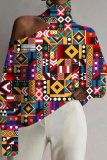 Brown Red Casual African Girl Print Cut Out Turtleneck Cold Shoulder Long Sleeve Blouses Tops