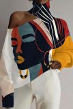 Apricot Brown Loose Casual African Girl Print Cut Out Turtleneck Cold Shoulder Long Sleeve Blouses Tops