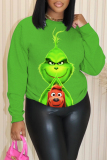 Green Christmas Loose Cartoon Grinch Print Round Neck Long Sleeve Fall Winter Sweatshirts Tops