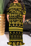 Black Gold Casual Print O Neck 3/4 Sleeve Floor Length Long Plus Size Vacation Maxi Dresses