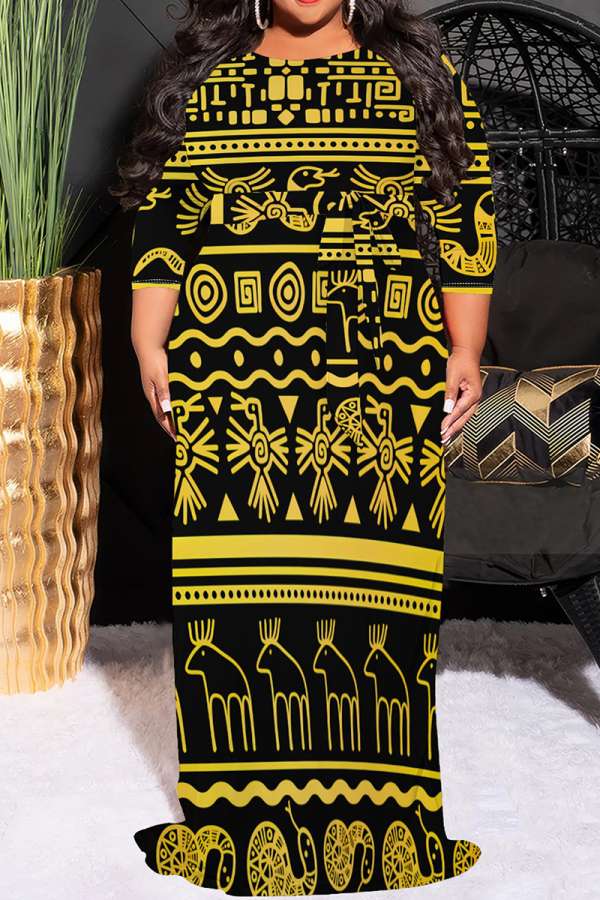 Black Gold Casual Print O Neck 3/4 Sleeve Floor Length Long Plus Size Vacation Maxi Dresses