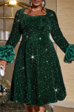 Dark Green Sequins Square Neck Long Sleeve Party Formal Evening A Line Midi Dresses