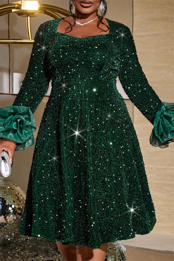 Dark Green Sequins Square Neck Long Sleeve Party Formal Evening A Line Midi Dresses