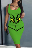 Green White Grinch Christmas Dress Sleeveless U Neck Knee Length Casual Outing Bodycon Vest Midi Dress
