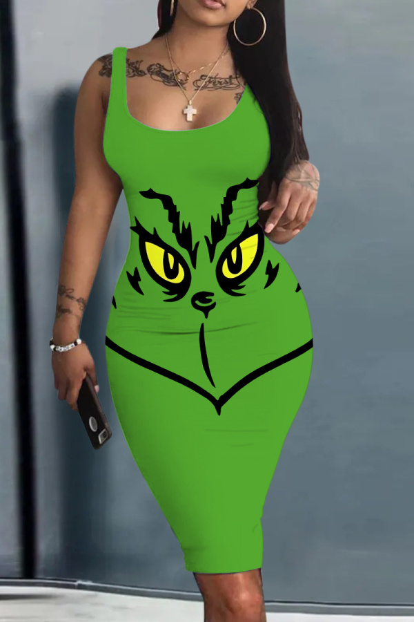 Green White Grinch Christmas Dress Sleeveless U Neck Knee Length Casual Outing Bodycon Vest Midi Dress