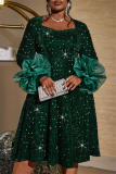 Dark Green Sequins Square Neck Long Sleeve Party Formal Evening A Line Midi Dresses