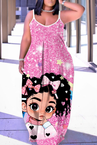 Pink Graphic Print Sleeveless Backless Spaghetti Strap Floor Length Casual Outing Straight Loose Maxi Dress