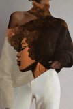 Red Loose Casual African Girl Print Cut Out Turtleneck Cold Shoulder Long Sleeve Blouses Tops