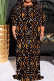 Black Gold Casual Print O Neck 3/4 Sleeve Floor Length Long Plus Size Vacation Maxi Dresses