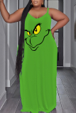 Green Grinch Christmas Dress Sleeveless Backless Spaghetti Strap Floor Length Straight Loose Maxi Slip Dress