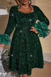 Dark Green Sequins Square Neck Long Sleeve Party Formal Evening A Line Midi Dresses