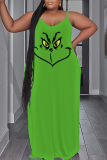 Green Grinch Christmas Dress Sleeveless Backless Spaghetti Strap Floor Length Straight Loose Maxi Slip Dress