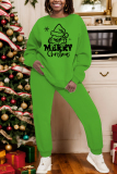 Green Christmas Crinch 2 Piece Outfits Cartoon Print Round Neck Long Sleeve Sweatshirt and Pencil Sweatpants Fall Winter Sweatsuits Sets