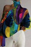 Apricot Brown Loose Casual African Girl Print Cut Out Turtleneck Cold Shoulder Long Sleeve Blouses Tops