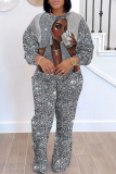 Grey Casual Figure Stripe Print Contrast Round Neck Long Sleeve Sweatshirts and Sweatpants Fall Winter Two Pieces Sweatsuit Sets