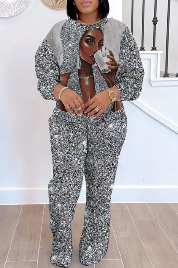 Grey Casual Figure Stripe Print Contrast Round Neck Long Sleeve Sweatshirts and Sweatpants Fall Winter Two Pieces Sweatsuit Sets