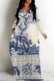 Black White Floral Print V Neck Long Sleeve Floor Length Casual Outing Plus Size Straight Loose Maxi Dress