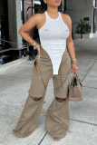 Brown Loose Casual Zip-up Loose Mid Waist Flare Leg Pants Bottoms
