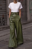 Black PU Leather Belted Buckle Strap Pocket Loose High Waist Flare Wide Leg Pants Bottoms