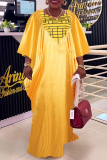 Yellow African Casual Stripe Print O Neck Batwing Sleeve Floor Length Long Loose Plus Size Maxi Dresses