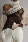 Apricot Brown Loose Casual African Girl Print Cut Out Turtleneck Cold Shoulder Long Sleeve Blouses Tops