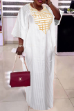 Yellow African Casual Stripe Print O Neck Batwing Sleeve Floor Length Long Loose Plus Size Maxi Dresses
