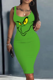 Green White Grinch Christmas Dress Sleeveless U Neck Knee Length Casual Outing Bodycon Vest Midi Dress