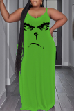Green Grinch Christmas Dress Sleeveless Backless Spaghetti Strap Floor Length Straight Loose Maxi Slip Dress