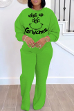 Green White Christmas Grinch 2 Piece Outfits Casual Cartoon Print Round Neck Long Sleeve Sweatshirts and Sweatpants Fall Winter Sweatsuit Sets