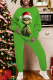 Green Christmas Crinch 2 Piece Outfits Cartoon Print Round Neck Long Sleeve Sweatshirt and Pencil Sweatpants Fall Winter Sweatsuits Sets