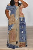 Dark Blue Casual Faux Denim Print Long Sleeve Floor Length Loose Vacation Baggy Maxi Dress