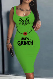 Green White Grinch Christmas Dress Sleeveless U Neck Knee Length Casual Outing Bodycon Vest Midi Dress
