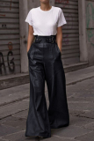 Black PU Leather Belted Buckle Strap Pocket Loose High Waist Flare Wide Leg Pants Bottoms