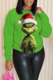 Green Christmas Loose Cartoon Grinch Print Round Neck Long Sleeve Fall Winter Sweatshirts Tops