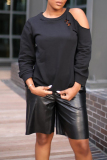 Black One Shoulder with Cut-Out Long Sleeve O Neck Casual Outing Sweatshirt Womens Fall Winter Top