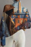 Brown Red Casual African Girl Print Cut Out Turtleneck Cold Shoulder Long Sleeve Blouses Tops