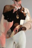 Apricot Brown Loose Casual African Girl Print Cut Out Turtleneck Cold Shoulder Long Sleeve Blouses Tops