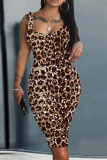 Black Blue Leopard Print Sleeveless U Neck Knee Length Casual Outing Bodycon Vest Midi Dress