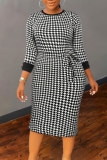 Black White Casual Houndstooth Print O Neck Short Sleeve Lace Up One Step Skirt Formal Office Lady Plus Size Bodycon Maxi Dresses