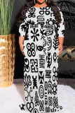 Black Gold Casual Print O Neck 3/4 Sleeve Floor Length Long Plus Size Vacation Maxi Dresses