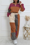 Multicolor Contrast Casual Letter Print Zip-up Stand Collar Long Sleeve Sweatshirt and Wide Leg Sweatpants Fall Winter Two Pieces Sets