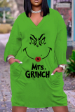 Green Christmas Grinch Dress V Neck Long Sleeve Straight Loose Midi Dress