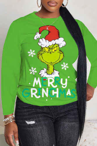 Green White Christmas Cartoon Casual Round Neck Fall Winter Long Sleeve T Shirts Women's Grinch Sweatshirt